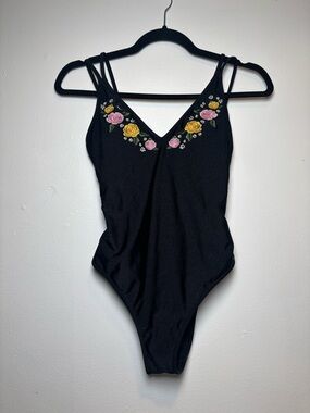 La Hearts Black One-Piece with Pink and Yellow Floral Embroidery
